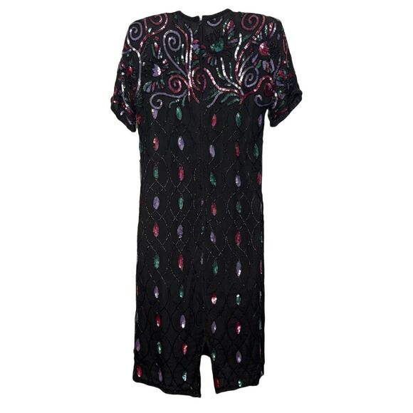 Vintage 90s Size Small Black Multicolor Sequin Cocktail Dress Silk Evening Party - Picture 2 of 7